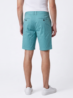 North Coast men's slim fit turquoise cotton chino shorts, back view with buttoned pockets.
