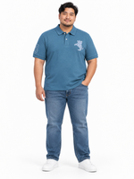 Giordano blue grey ribbed cotton polo shirt with button-up collar and embroidered logo on chest.