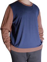 Hugo Boss men's navy and brown two-tone virgin wool sweater with ribbed cuffs and hem in a comfortable fit.