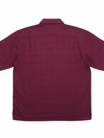 Back view of a maroon silk-blend short-sleeve button-down shirt with a relaxed fit and subtle vertical stripe pattern.