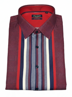 Nat Nest maroon silk-cotton blend short-sleeve shirt with a vertical striped front panel and relaxed fit.