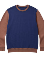 The Discount District men's navy and brown virgin wool sweater with ribbed cuffs and a comfortable crew neckline.