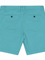 North Coast men's slim fit turquoise cotton chino shorts with back buttoned pockets, rear view.