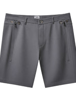 The Discount District dark brown cotton chino shorts with zip-up pockets, belt loops, and button closure.