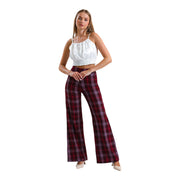 Women's High-Waisted Plaid Wide-Leg Trousers – Classic & Chic, Claret Red
