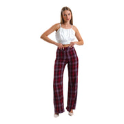 Women's High-Waisted Plaid Wide-Leg Trousers – Classic & Chic, Claret Red