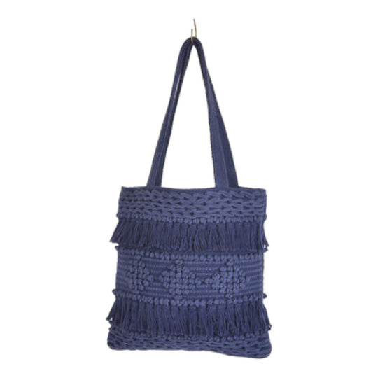 A navy-colored cotton tote bag with tufted details and tassels, displayed against a plain background.