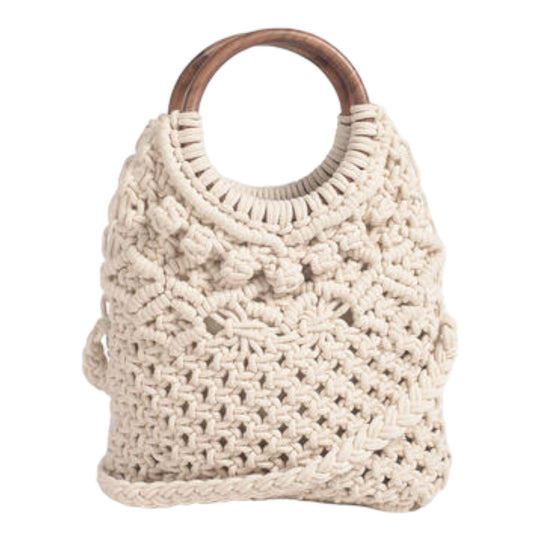 A beige macramé handbag with intricate designs and a wooden handle, suitable for shoulder or crossbody carry.