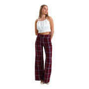Women's High-Waisted Plaid Wide-Leg Trousers – Classic & Chic, Claret Red