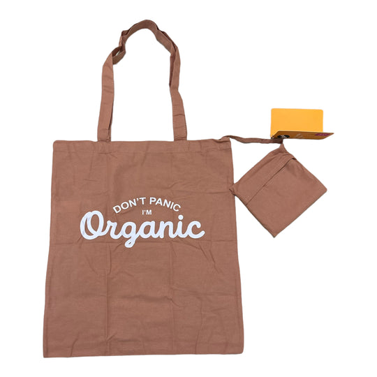 A reddish brown cotton tote bag with the text 'DON'T PANIC I'M Organic' printed on it, alongside a foldable pocket. The bag appears to be empty and laid flat on a surface.
