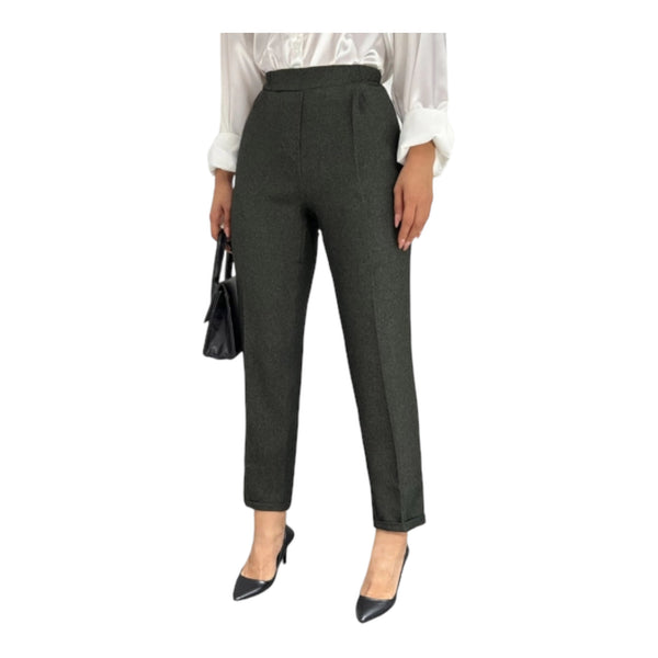 Women's olive green pleated straight-leg slim fit high-rise trousers with elastic waist and double pockets, paired with a white shirt and black shoes.