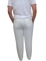 Banana Republic men's off-white linen high-rise trousers with back pockets, shown from a rear view.