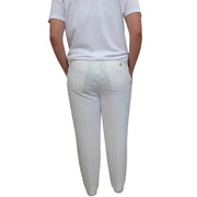 Banana Republic men's off-white linen high-rise trousers with back pockets, shown from a rear view.