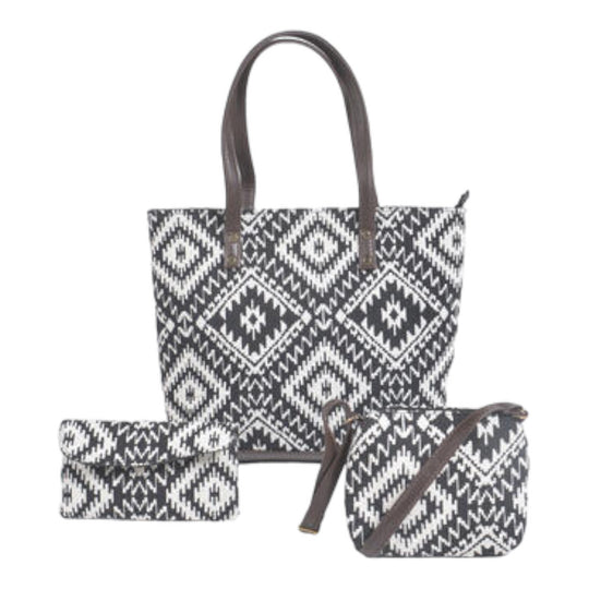 A set of three bags, including a tote, a sling bag, and a wallet, featuring a multicolor geometric pattern.