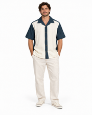 Men's Short Sleeve Collar Bowling Relaxed Fit Shirt, Beige