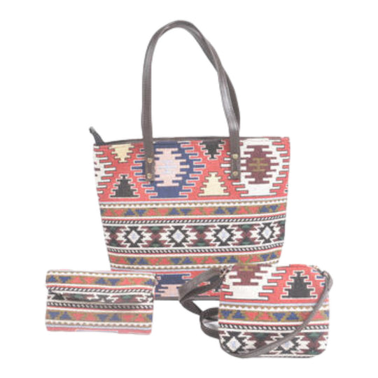 A set of three multicolored cotton bags, including a tote, a sling bag, and a wallet, all featuring a geometric jacquard weave pattern.