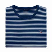 Men's Striped Brand Logo Round Neck T-Shirt, Navy