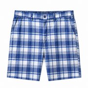 Nautica navy blue plaid cotton chino shorts with button closure and belt loops.