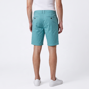 North Coast men's slim fit turquoise cotton chino shorts, back view with buttoned pockets.