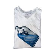 A men's white V-neck t-shirt with a graphic print of a bottle on the front.
