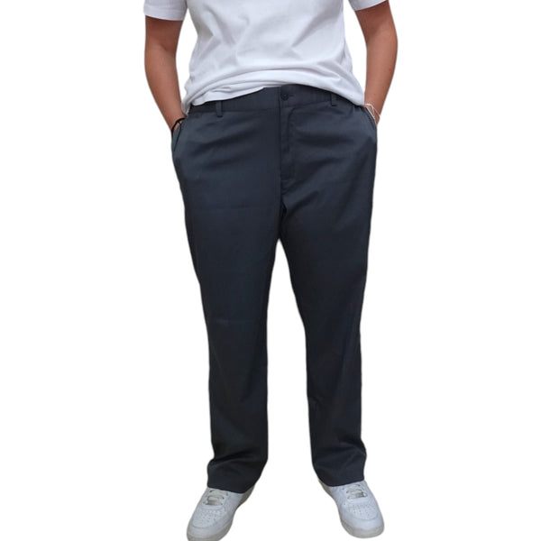 A pair of men's gray Nike Dri-FIT UV slim fit trousers with a four-pocket design, Nike logo branding, and belt loops. The trousers are mid-rise and have a button and zip fastening.