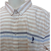 Men's Striped Long Sleeve Logo Print Relaxed Fit Formal Shirt, Beige