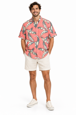 Men's Rolled Short Sleeve Graphic Relaxed Fit Casual Shirt, Light Red