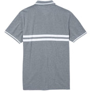 Flat lay of American Eagle grey striped polo T-shirt showing back design with double white horizontal stripes