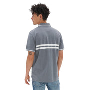 American Eagle grey striped polo T-shirt back view on model showing horizontal white double stripe across the back