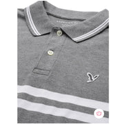 Close-up of collar and logo embroidery on American Eagle grey striped polo T-shirt