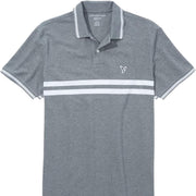 American Eagle grey striped polo T-shirt front view with white double chest stripes and logo embroidery