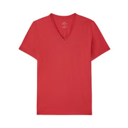 Flat lay of men’s red V-neck T-Shirt by Armani Exchange with short sleeves and stretch cotton fabric