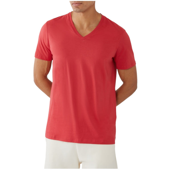 Men’s red V-neck T-Shirt by Armani Exchange with short sleeves and slim fit, shown in front view on model