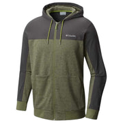 Columbia men's hoodie in green and black, front view with full zip, pockets, and drawstring hood