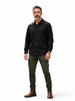 COS black long-sleeve cotton button-down shirt with double chest pockets on a male model.