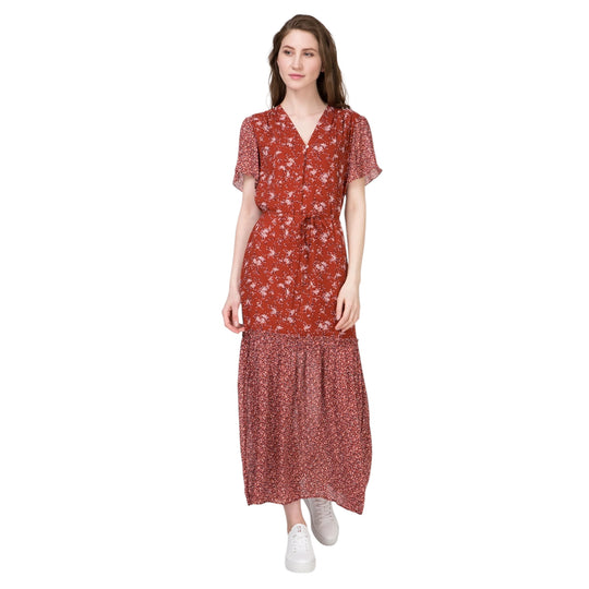 Gant floral midi dress in red mix print – model full body front view with sneakers