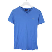 GANT blue V-neck T-Shirt front view with embroidered logo on chest, slim fit casual style