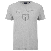 Front view of GANT grey T-shirt with large shield logo and crew neckline