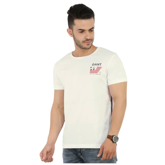 Gant white T-shirt with chest flag graphic and text detail, mid shot front view showing fit and design