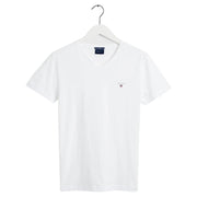 Flat lay front view of GANT white V-neck T-Shirt with embroidered logo on chest.