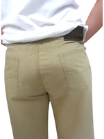 Gentleman Farmer khaki cargo pants in a straight wide-leg fit with branded back pocket label, rear view.