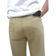 Gentleman Farmer khaki cargo pants in a straight wide-leg fit with branded back pocket label, rear view.