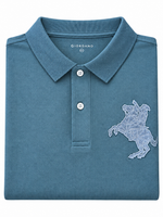 Giordano blue grey ribbed cotton polo shirt with button-up collar and embroidered logo detail.