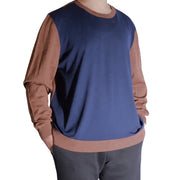 Hugo Boss men's navy and brown two-tone virgin wool sweater with ribbed cuffs and hem in a comfortable fit.