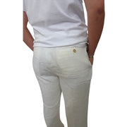 Banana Republic men's off-white linen trousers, high-rise tailored fit with back pockets, rear view.