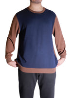 Hugo Boss men's navy and brown virgin wool sweater with ribbed cuffs and hem in a comfortable relaxed fit.
