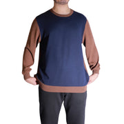 Hugo Boss men's navy and brown virgin wool sweater with ribbed cuffs and hem in a comfortable relaxed fit.