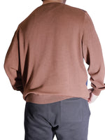The Discount District Hugo Boss men's brown virgin wool sweater, back view with ribbed hem and cuffs.