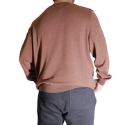 The Discount District Hugo Boss men's brown virgin wool sweater, back view with ribbed hem and cuffs.