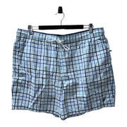 Men's striped swimsuit shorts with elastic waistband, displayed on a hanger, blue color, with checkered pattern.